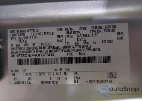 2016 Ford F-150 Xlt z USA, uszkodzony, nr VIN 1FTEX1EP4GFB77414